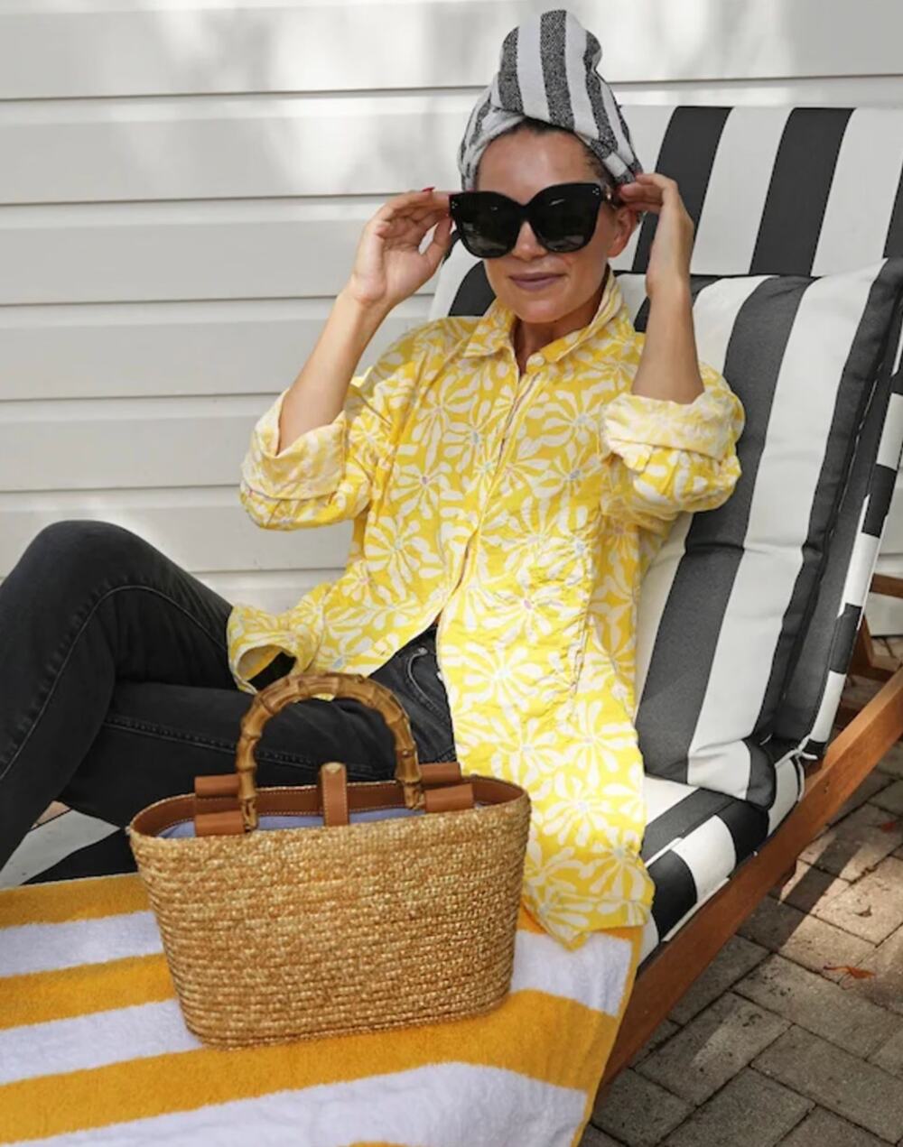 J. McLaughlin Womens M Yellow White Funky Flower Cotton Button Up Shirt